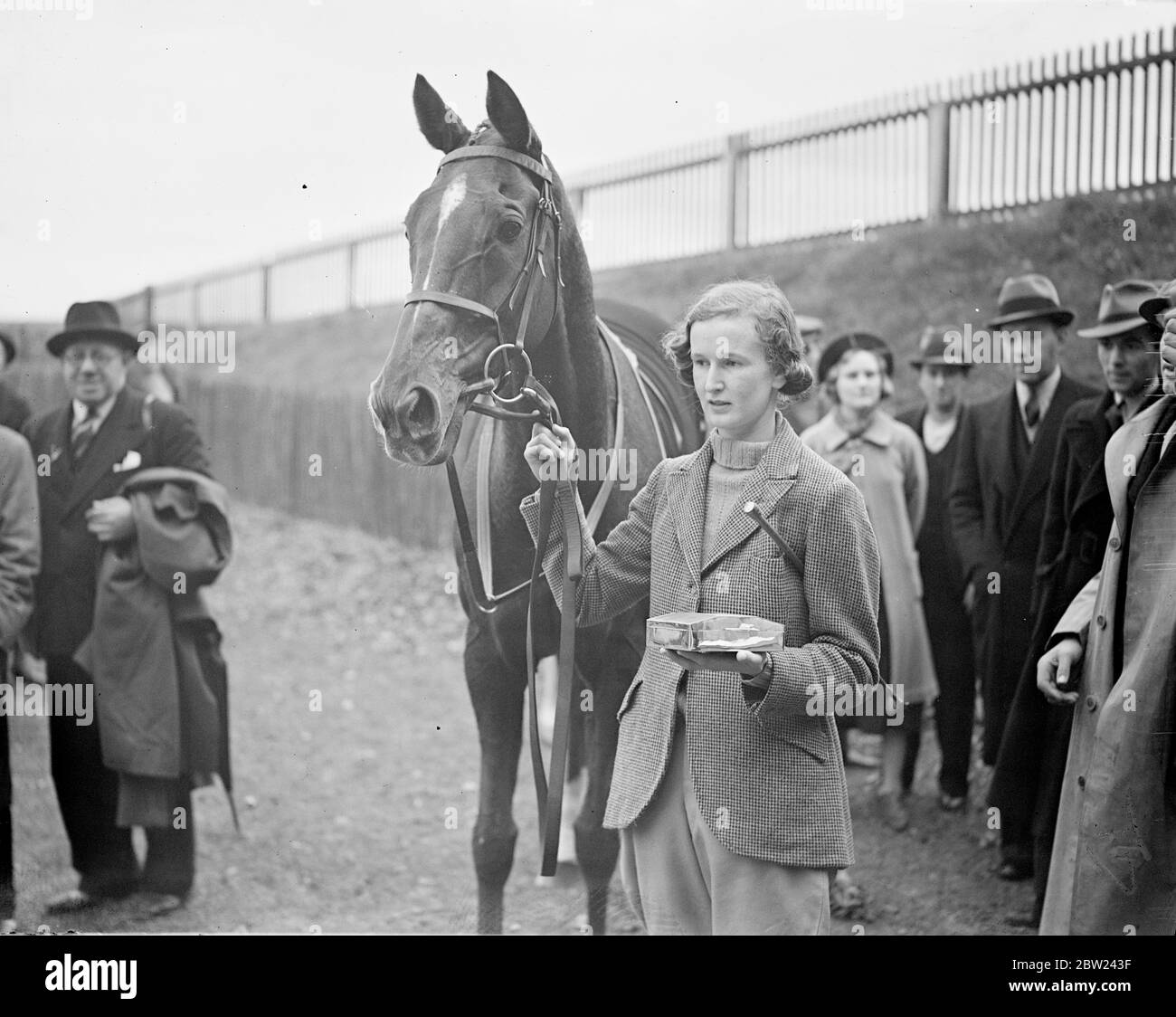 Winner of Britain's only race for women jockeys. Mrs S Langley, daughter of the Newmarket trainer, Walter Earl, one the Newmarket Town Plate, Britain's only race for women jockeys on Mr N E Dixons 'Lucky Patch' at Newmarket. The race, centuries old, is run over 4 miles and is a stern test of stamina for riders and horses. 13 October 1938 Stock Photo