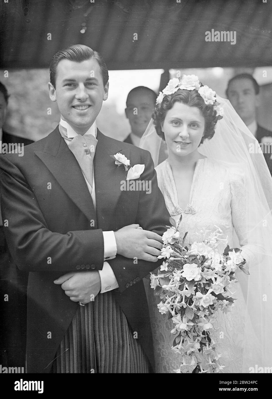 Mr Stewart Granger, the actor who will be Vivien Leigh's leading man Serina Blandish at the Gate Theatre, and Mrs Elspeth March, a member of Basil Dene's company at St Martins Theatre, were married at St Mary's Church, the Boltons, Kensington,London. The bride is 24 and a daughter of Colonel and Mrs HM Mackenzie. Mr Granger's real name is James Stewart. Photo shows the bride and groom leaving the church. 10 September 1938 Stock Photo