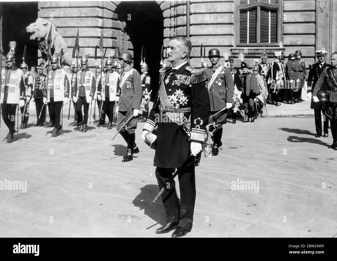 Admiral Horthy in a procession through Budapest in honour of King Stephen. Adml Horthy, the Hungarian Regent, who was about to leave on a State visit to Germany, took part in a procession through Budapest in connection with the national celebrations. Attending the 900th anniversary of the first death of St Stephen, the first Christian King of Hungary. Photo shows, Admiral Horthy in the procession. 22 August 1938 Stock Photo