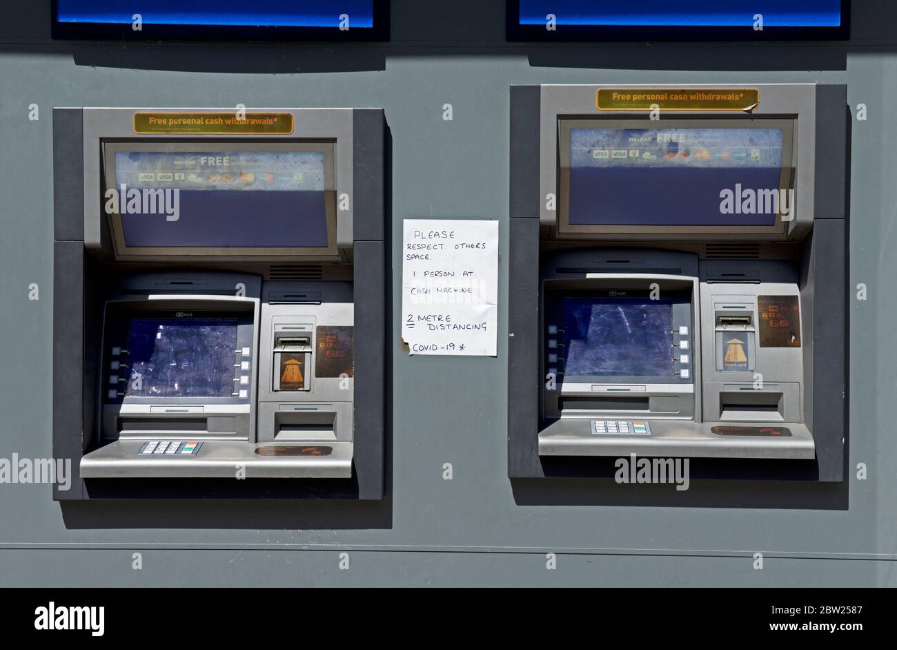 https www alamy com sign next to atm machines asking people to ensure social distancing england uk image359621815 html