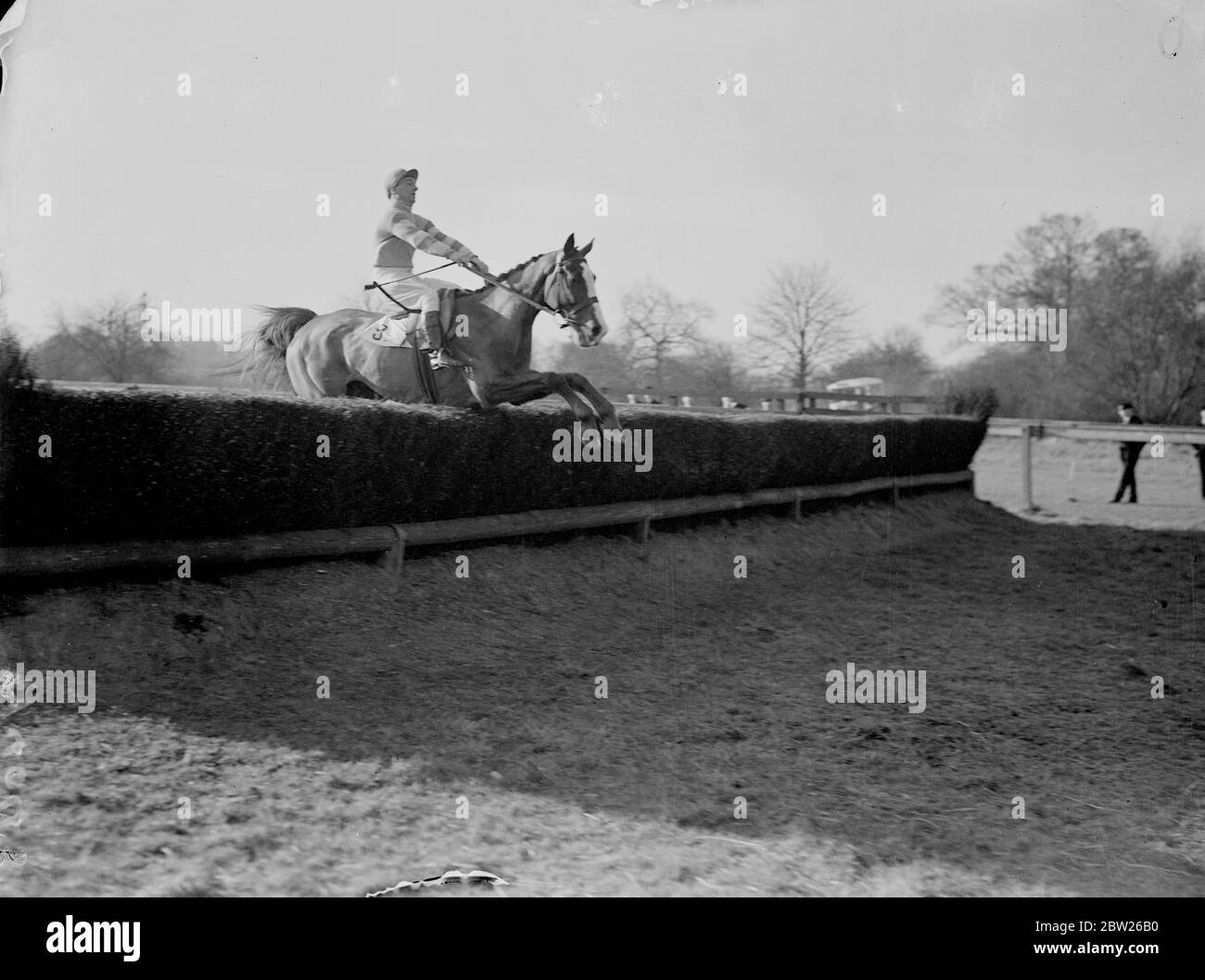 Grand National candidate runs at Kempton. Wins steeplechase. Airgead Sios, Sir Francis Towle's antry for the Grand National on 25 March, one the King George VI steeplechase ridden by T M Neillat Kempton Park, near London. 2 March 1938 Stock Photo