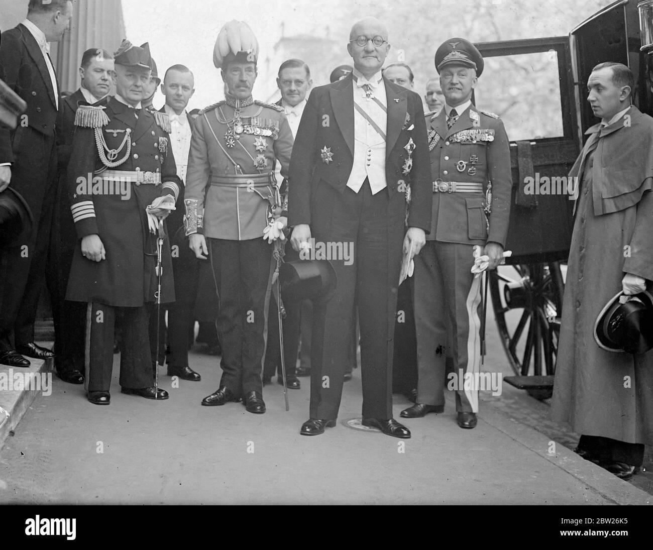 New german Ambassador leaves to present credentials to King. Dr Herbert von Dirksen, new German Ambassador in London, left the German Embassy in Carlton House Terrace, for Buckingham Palace to present his credentials to the King. Photo shows, Dr Herbert von Dirksen leaving the Embassy with Sir Sidney Clive, Marshal of the Diplomatic Corps. 5 May 1938 Stock Photo