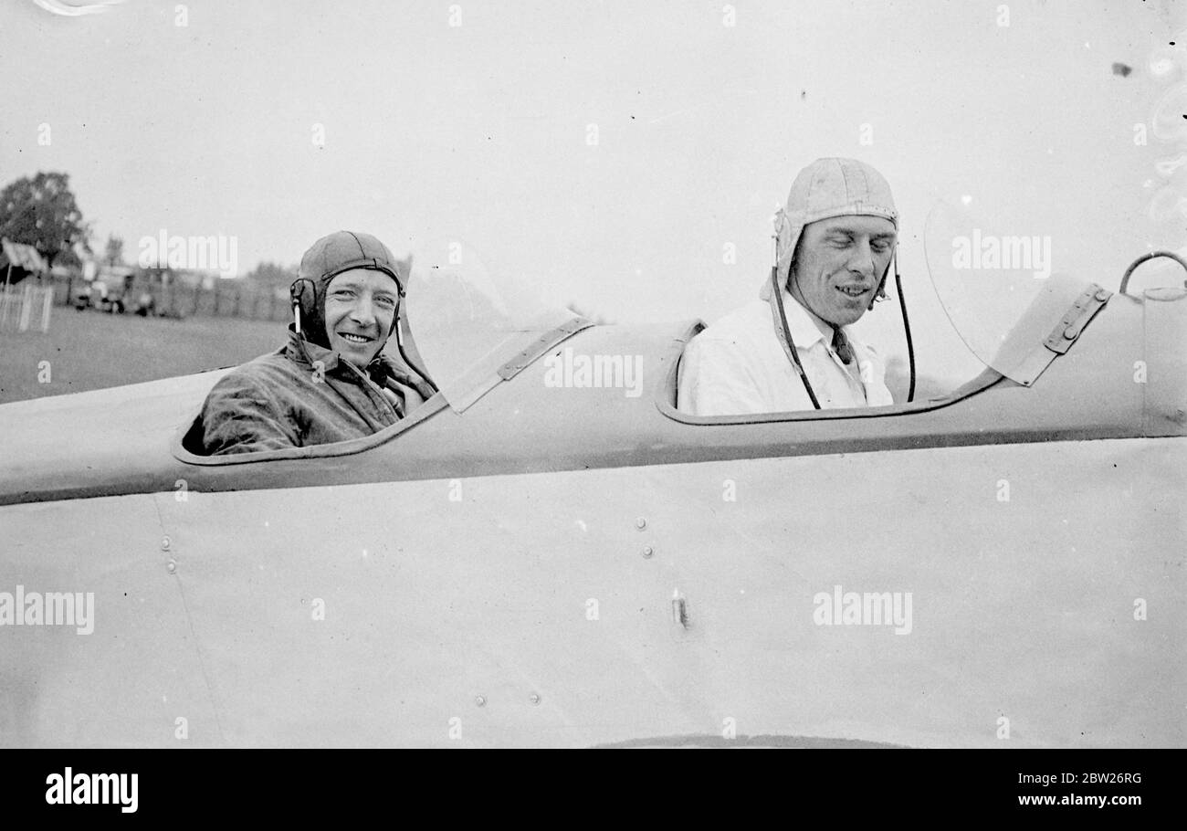 Two men take off from Southend in Â£10 plane to tour Germany. After spending months rebuilding and testing an aeroplane which they bought as a 'wreck' for Â£10, two members of Southend Flying Club, Mr Jim Myall and Mr Roper Brown, both of Southend, left Southend Airport for a two week tour of Germany. When they bought the aeroplane, a 40 hp Salmson Klemm , which is about 10 years old, it was in small pieces. It is now a worthy again, with a cruising speed of about 80 mph. Photo shows, Mr Roper Brown (rear seat) and Mr Jim Myall as they left Southend Airport. 2 August 1938 Stock Photo