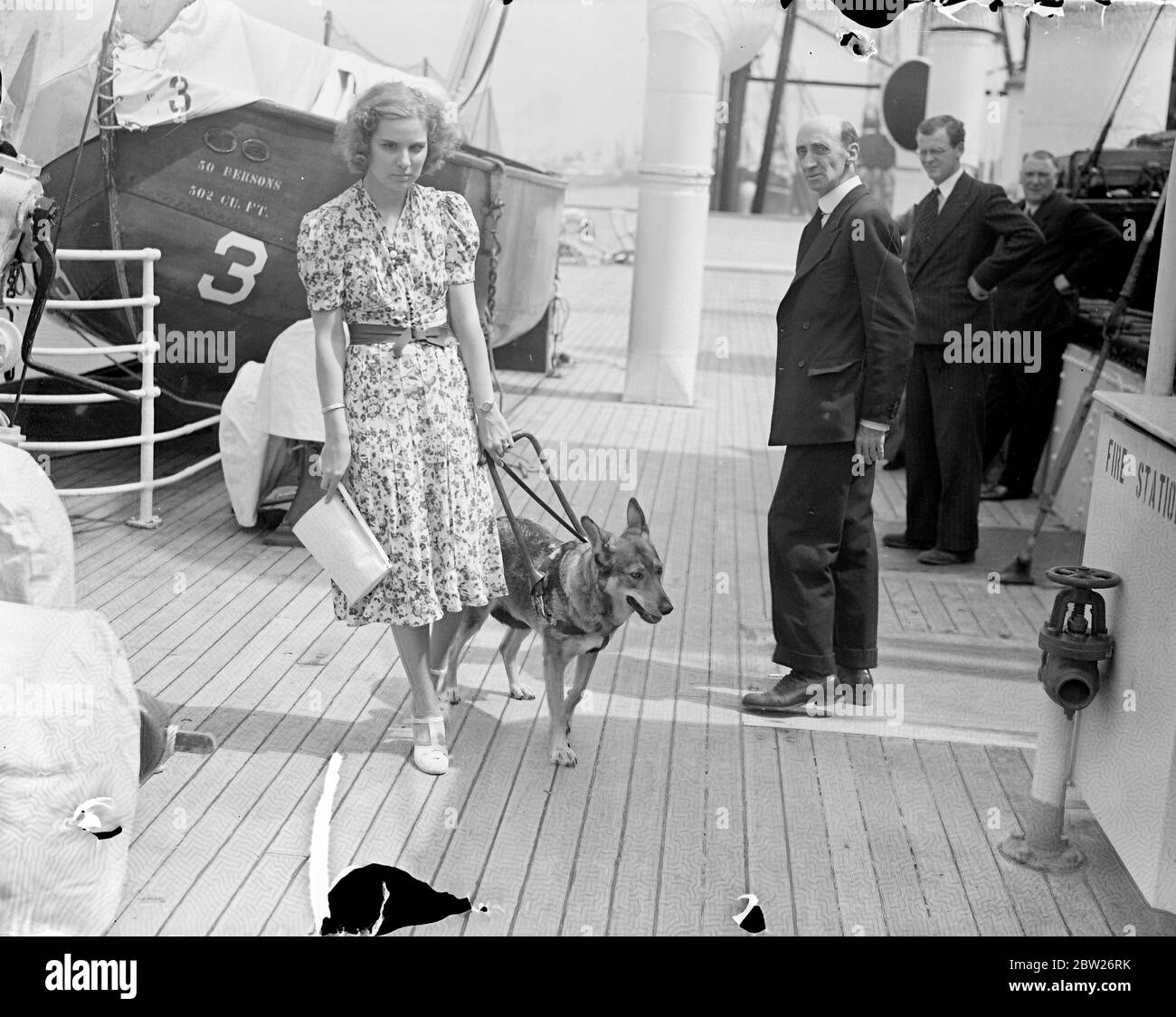 Blind American girl refuses to land in England without dog. Because Ministry of Agriculture officials insist that her dog must go into quarantine for the usual term, Mizz Hazel Hurst, a blind American girl, refuses to land from the liner 'American Merchant' now birth at the Albert Dock, London. The Alsation dog, Babe, acts as Miss Hurst's guide and friend may have travelled 80,000 miles together. An appeal is being made to the Ministry to waive the law in this case. Miss Hurst says she is ready to go back to America if Babe is not allowed to land. 2 August 1938 Stock Photo
