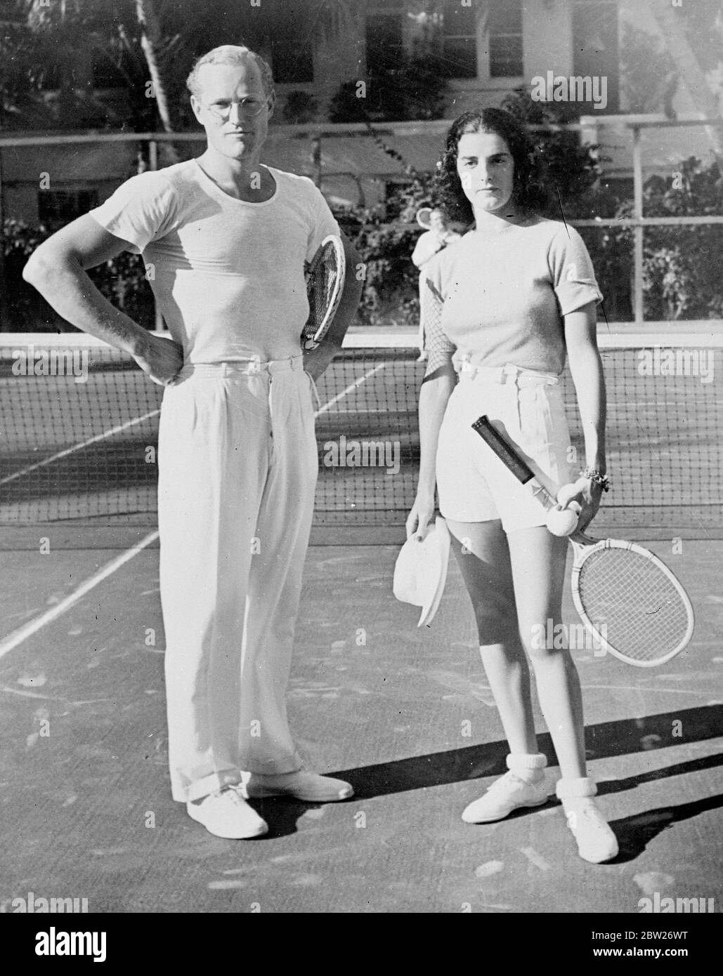 Son of General Pershing engaged, father critically ill. Mr Francis Warren Pershing, the son of General Pershing, has become engaged to Miss Muriel P Richards, granddaughter of Jules Bache, seen here on the tennis court, at Palm Beach, Florida. 26 February 26 1938 Stock Photo