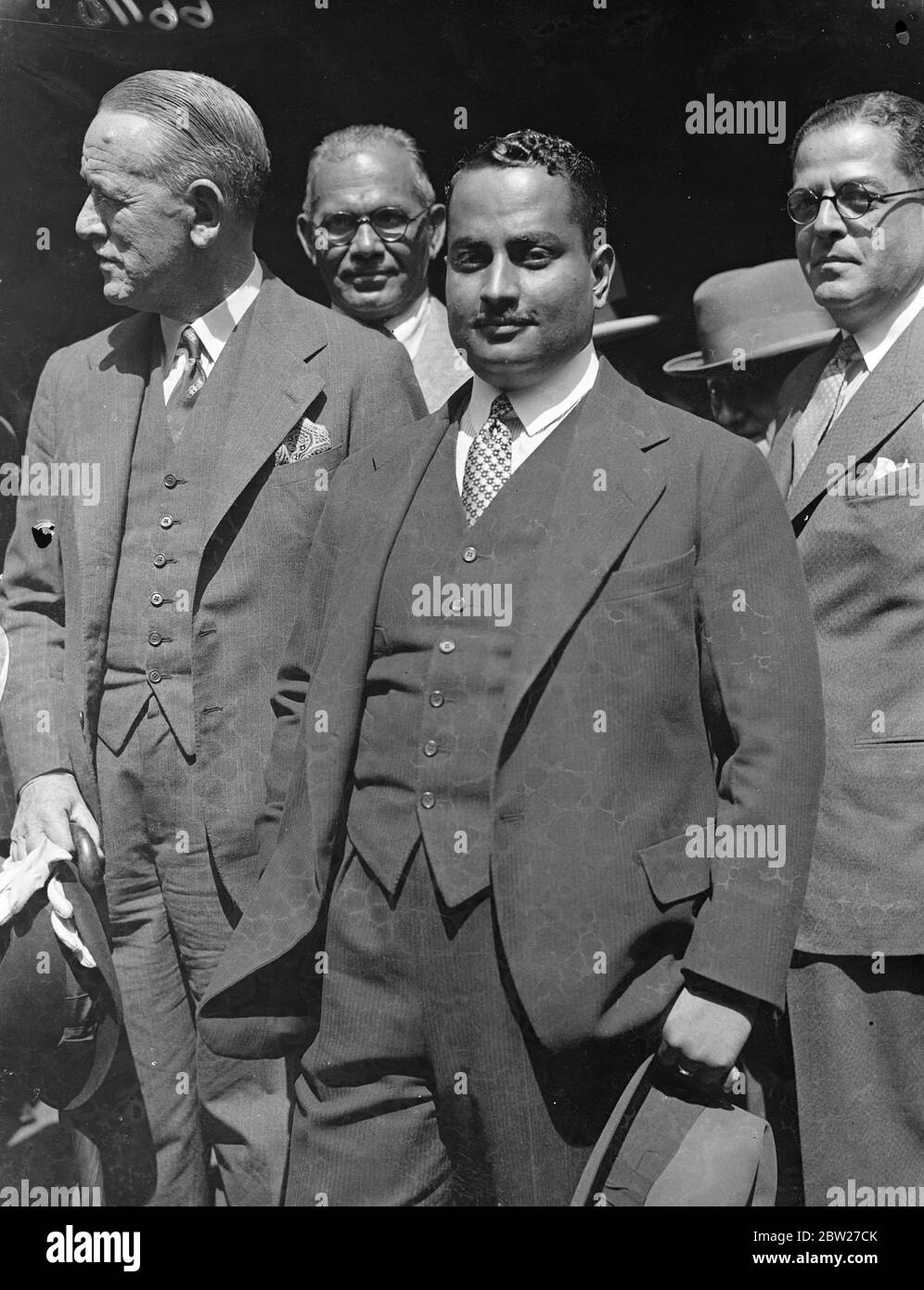 Maharaja of Darbhanga leaving after buying Marie Antoinette's diamond necklace at Sotheby's for Â£15,000. The necklace was sent to England by Archduchess Blanca of Austria and her sister, Beatrix, Princess of Massimo. 1 July 1937 Stock Photo