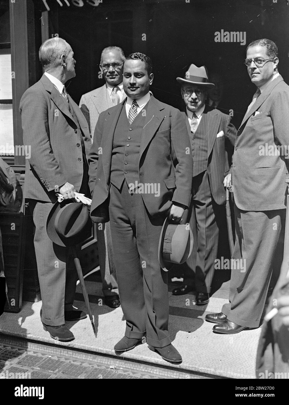 Maharaja of Darbhanga leaving after buying Marie Antoinette's diamond necklace at Sotheby's for Â£15,000. The necklace was sent to England by Archduchess Blanca of Austria and her sister, Beatrix, Princess of Massimo. 1 July 1937 Stock Photo