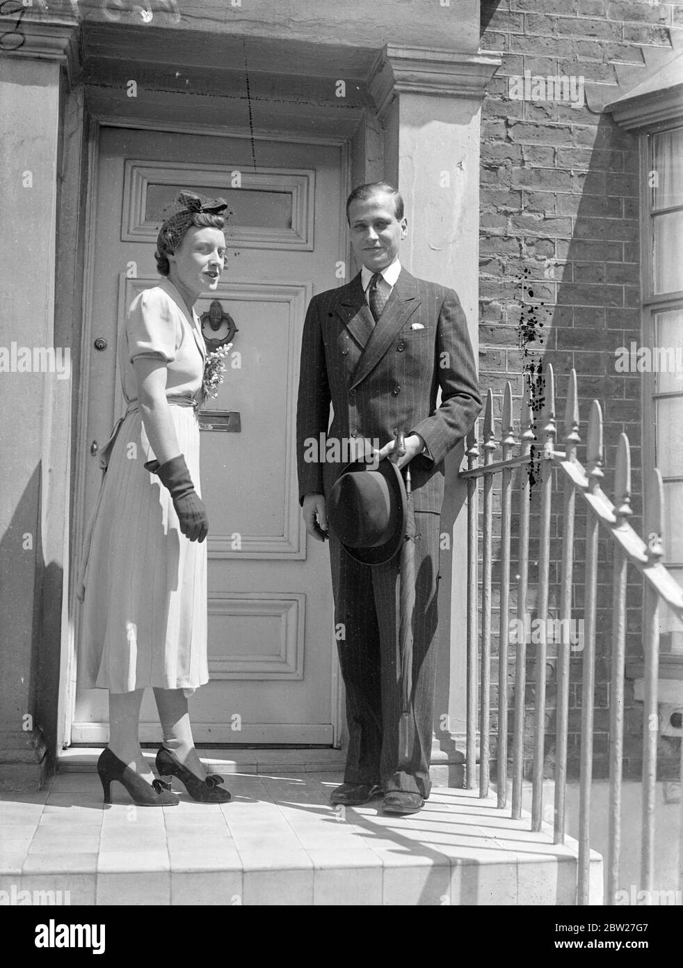 Miss Margaret Campbell with her fiance, Prince Ludwig of Hessen after the announcement of their engagement. She is the daughter of a former British Ambassador to America, Sir Auckland Geddes, and niece to the late Sir Eric Geddes, originator of the post-war economy measures known as the Geddes Axe. He is the second son of the Grand Duke of Hessen and a great grandson of Queen Victoria. 16 July 1937. Stock Photo