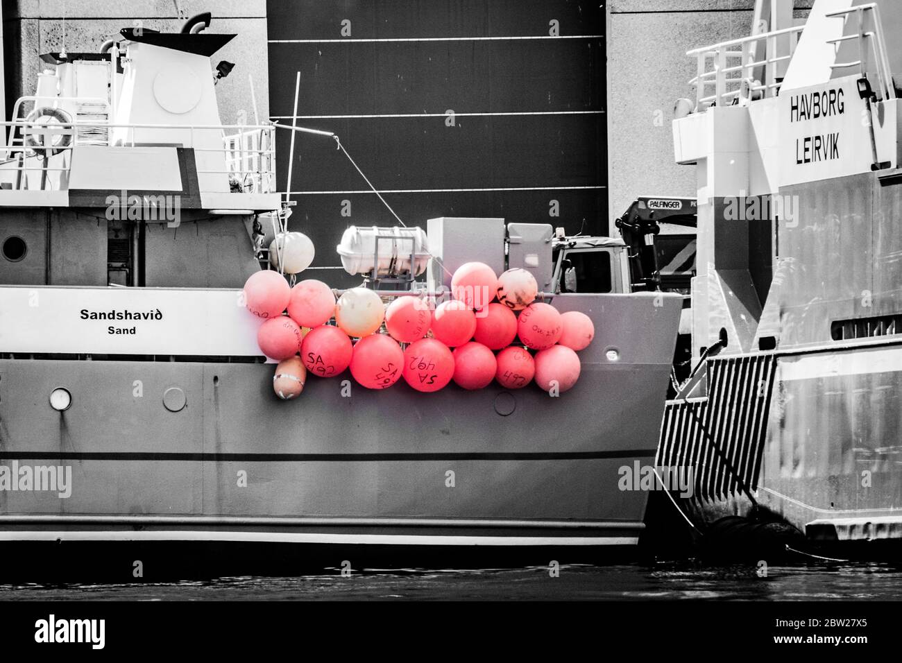 red buoys on fishing boat Stock Photo