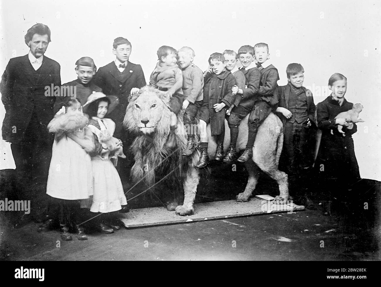 Children have their picture taken with a stuffed lion. Stock Photo