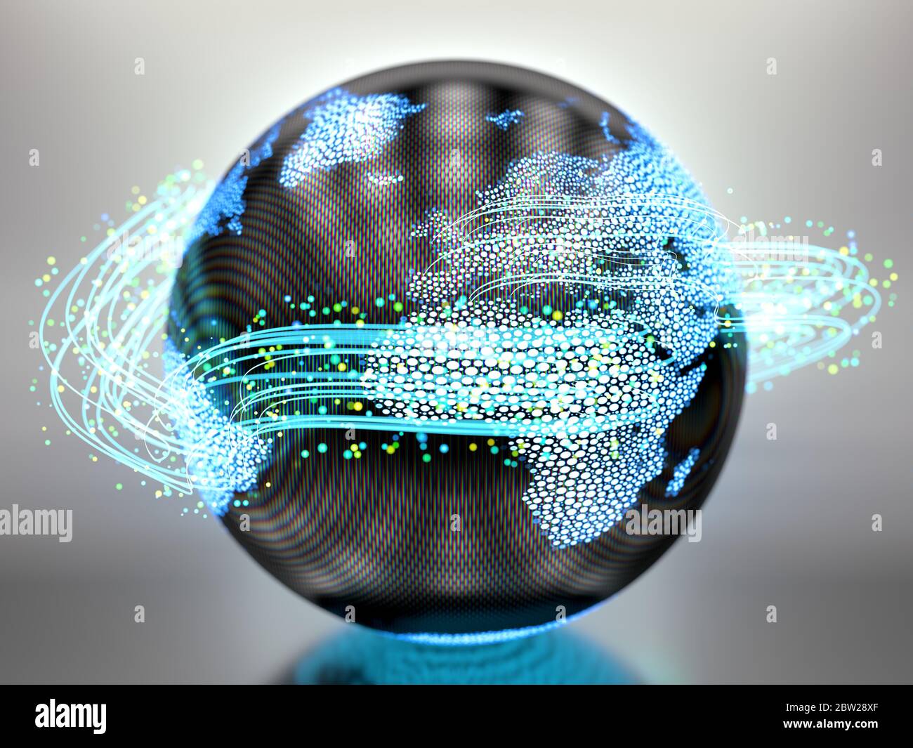 Design of the Earth in glossy plastic material with blue round lines and particles, concept of the internet's data transactions Stock Photo