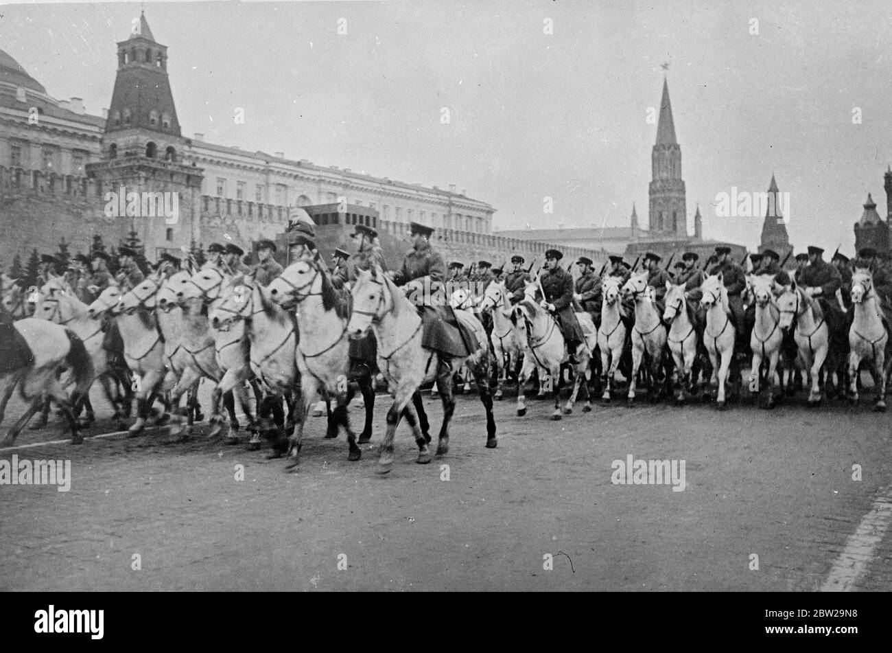 Mounted Russian troops, during the parade in Red Square to celebrate 20th anniversary of the Russian Revolution. Stock Photo