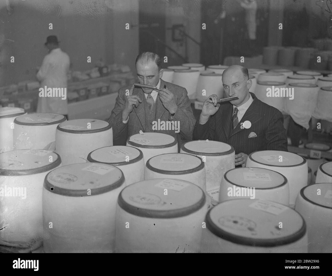 Judging cheeses aroma at dairy show in London. London's dairy show, the