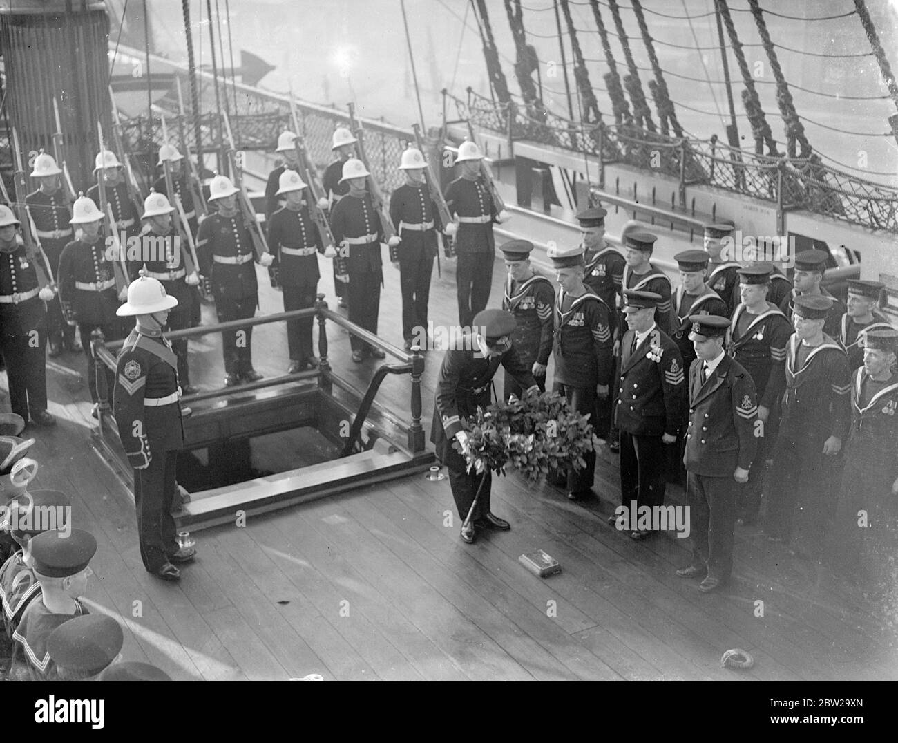 Trafalgar Day commemorated on the 'Victory' at Portsmouth. Trafalgar Day was commemorated aboard