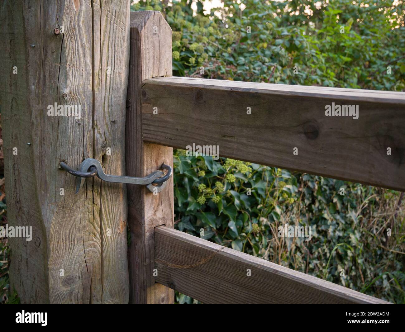 A gate hook keeping a gate shut on the South West Coast Path near Porlock Weir in Exmoor National Park, Somerset, England. Stock Photo