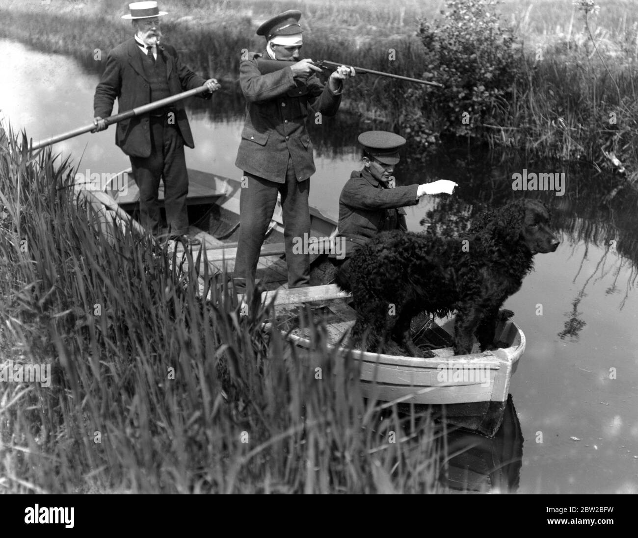 Convalescent soldiers rat shooting on the Norfolk Broads. 1914-1918 Stock Photo