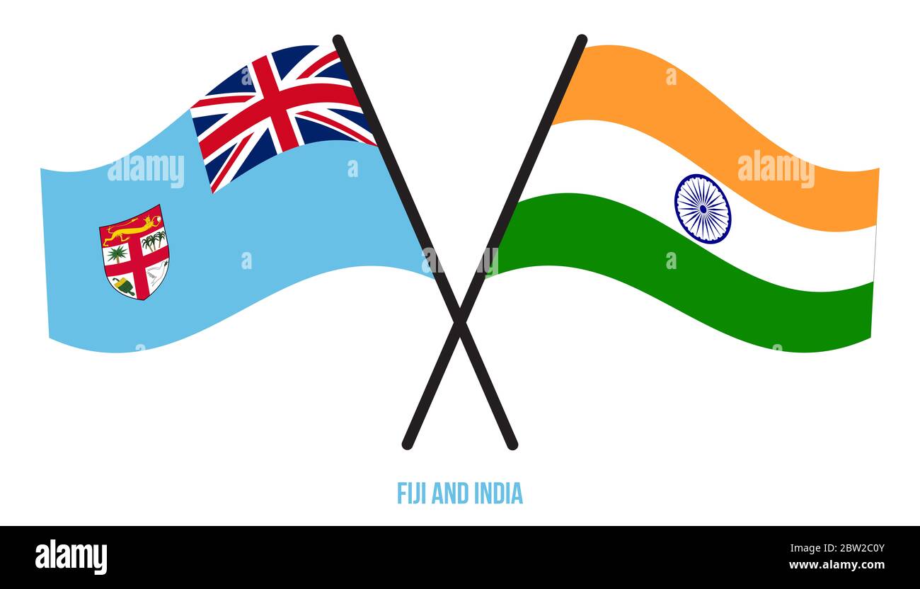 Fiji and India Flags Crossed And Waving Flat Style. Official Proportion