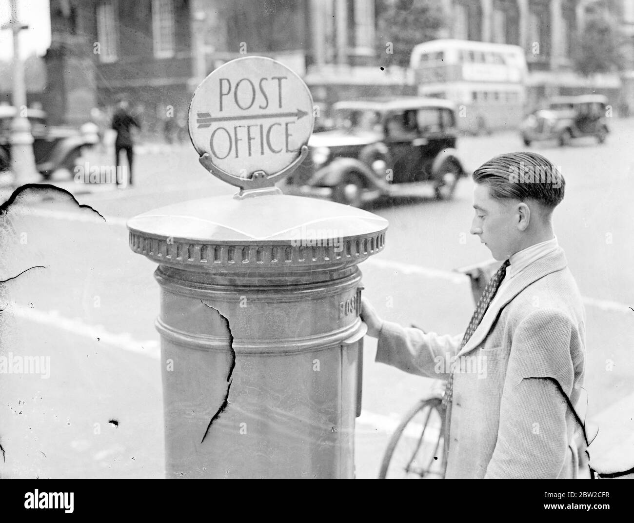 A pillar box treated with gas detecting paint in Whitehall. If poison gas is present in the air the square of paint discolours. 2 September 1939 Stock Photo