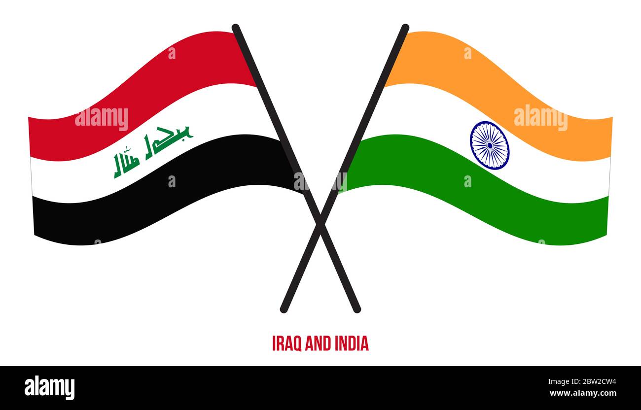 Iraq and India Flags Crossed And Waving Flat Style. Official Proportion. Correct Colors. Stock Photo