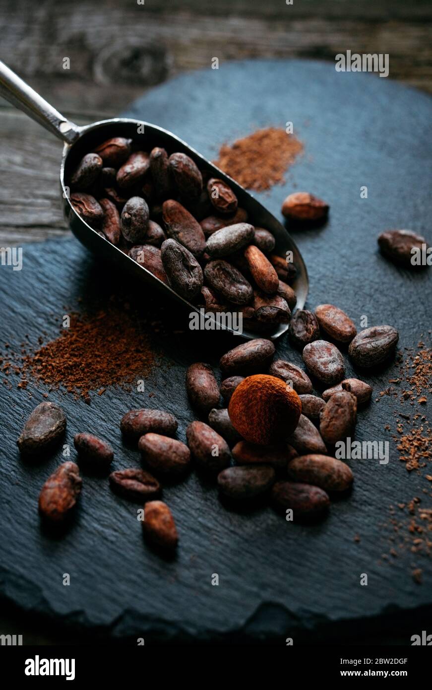 https://c8.alamy.com/comp/2BW2DGF/chocolate-truffle-beside-bulk-measuring-scoop-with-cocoa-beans-on-black-stone-stand-homemade-fresh-truffle-dark-chocolate-candies-with-cocoa-powder-2BW2DGF.jpg