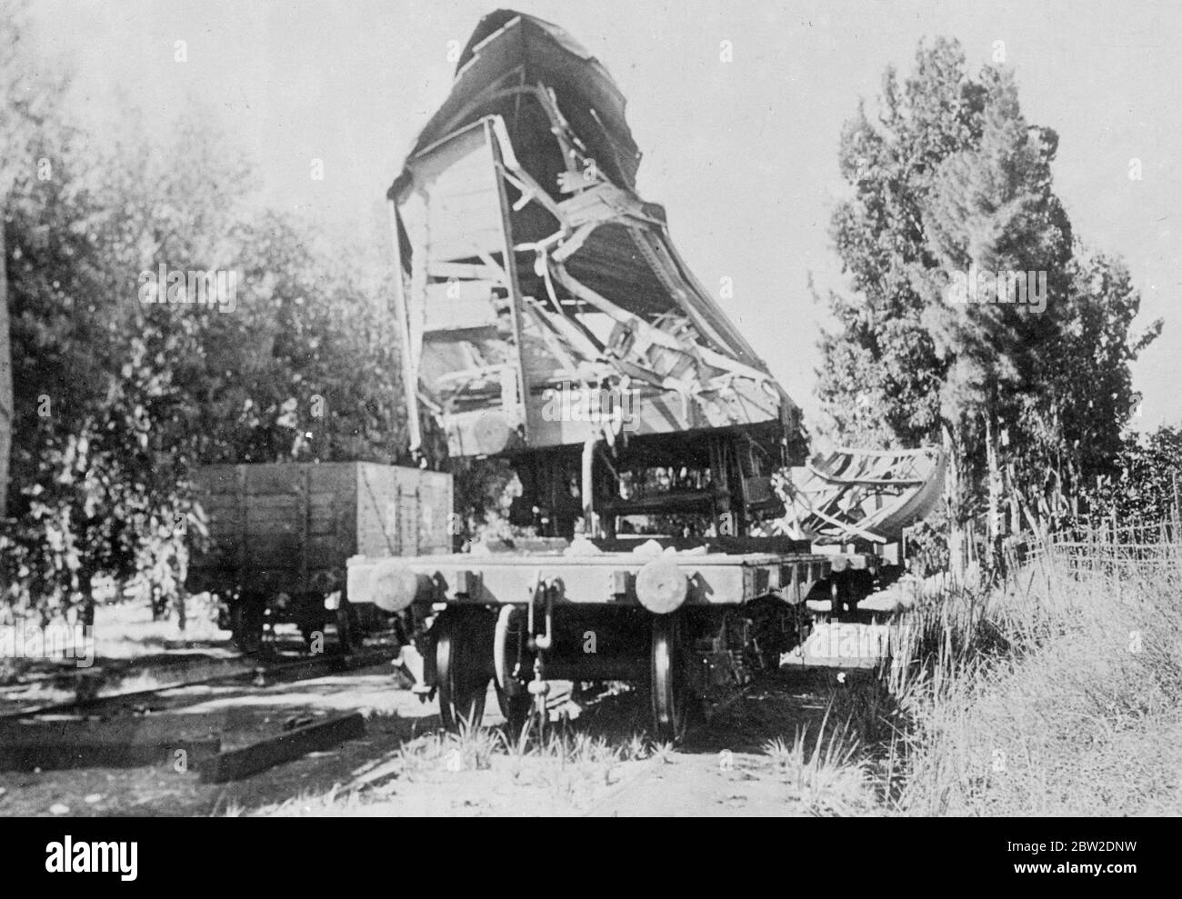 This picture just received in London, shows the wrecked wagons and coaches of a train which was stopped and fired on by Arab terrorists on the line from Haifa to Jerusalem. The railway has not been the only objective of the terrorists. Widespread damage has been caused on main highways in northern Palestine and telephone and telegraph communications with Jerusalem has been interrupted by the cutting of the wires. Further British troops have arrived in the territory 16 October 1938 Stock Photo