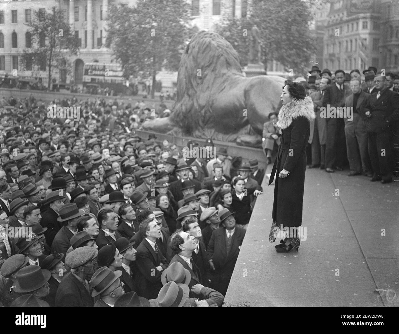 Several Chinese were among the speakers are members of London's Chinese colony formed part of the audience at a great mass meeting held in Trafalgar Square, London to protest against Japanese attacks on civilians in China.Miss Chu Chen Koo speaking at the demonstration. 10 October 1937. Stock Photo