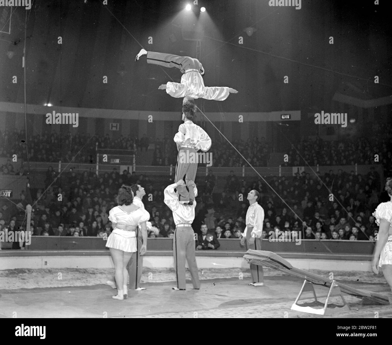 The Mills Circus at Olympia. 7 Ortans , springbiard acrobats, John Rolands sea lions, The Reveros, Tight Rope and Acrobatic Dancers, Windsor Troupe, Ballancing Acts. 21 December 1938 Stock Photo