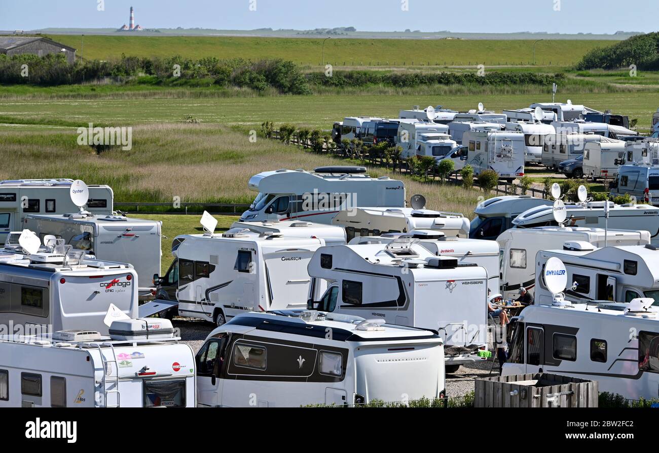 St.Peter Ording, Germany. 29th May, 2020. Campers and caravans can be found  at the camping site Biehl at the North Sea. On the campsites in the land  between the seas it gets