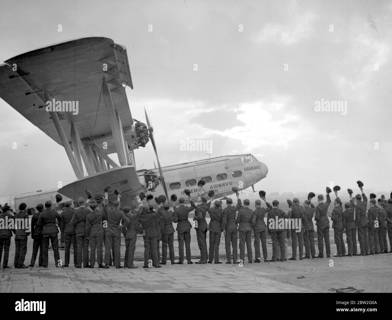 Ancient and Modern Aircraft at Hanworth . The new giant Imperial Airways Liner  Hannibal  and an exact replica of Bleriot 's famous monoplane in which he flew the Channel . 6 June 1931 Stock Photo