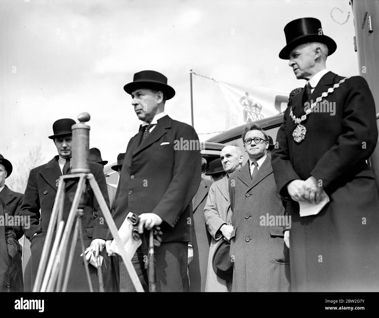 The European crisis, 1939. Sir John Anderson and Mr Herbert Morrison and the New Moblile Recruiting Vans on the Horse Guards Parade. 24 April 1939 Stock Photo