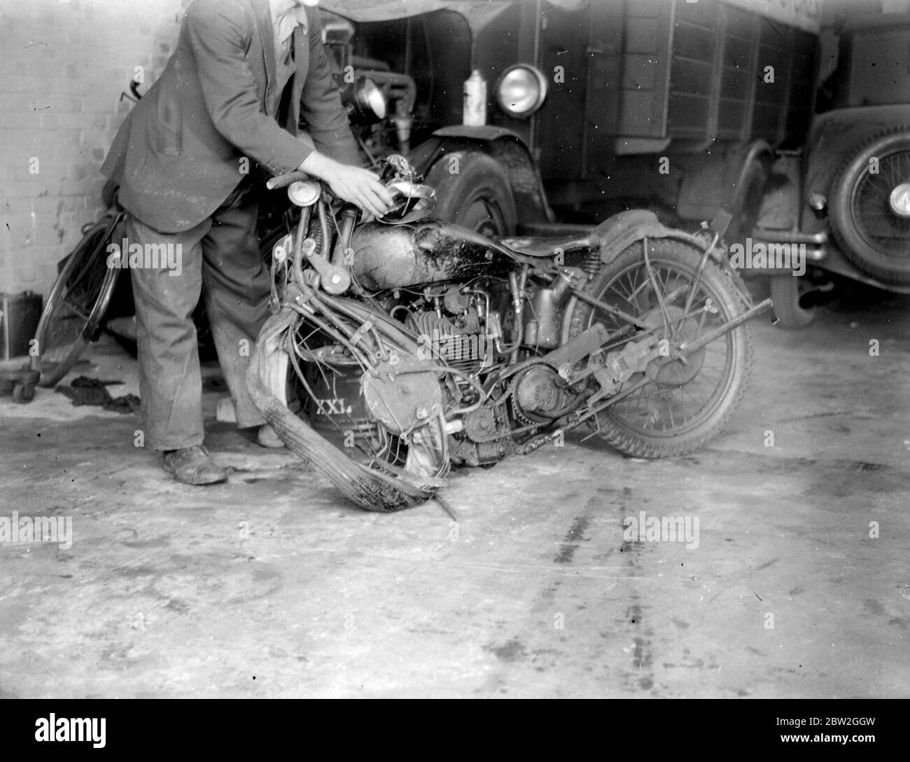 Motorbike crash in Eltham, London. 1934 Stock Photo