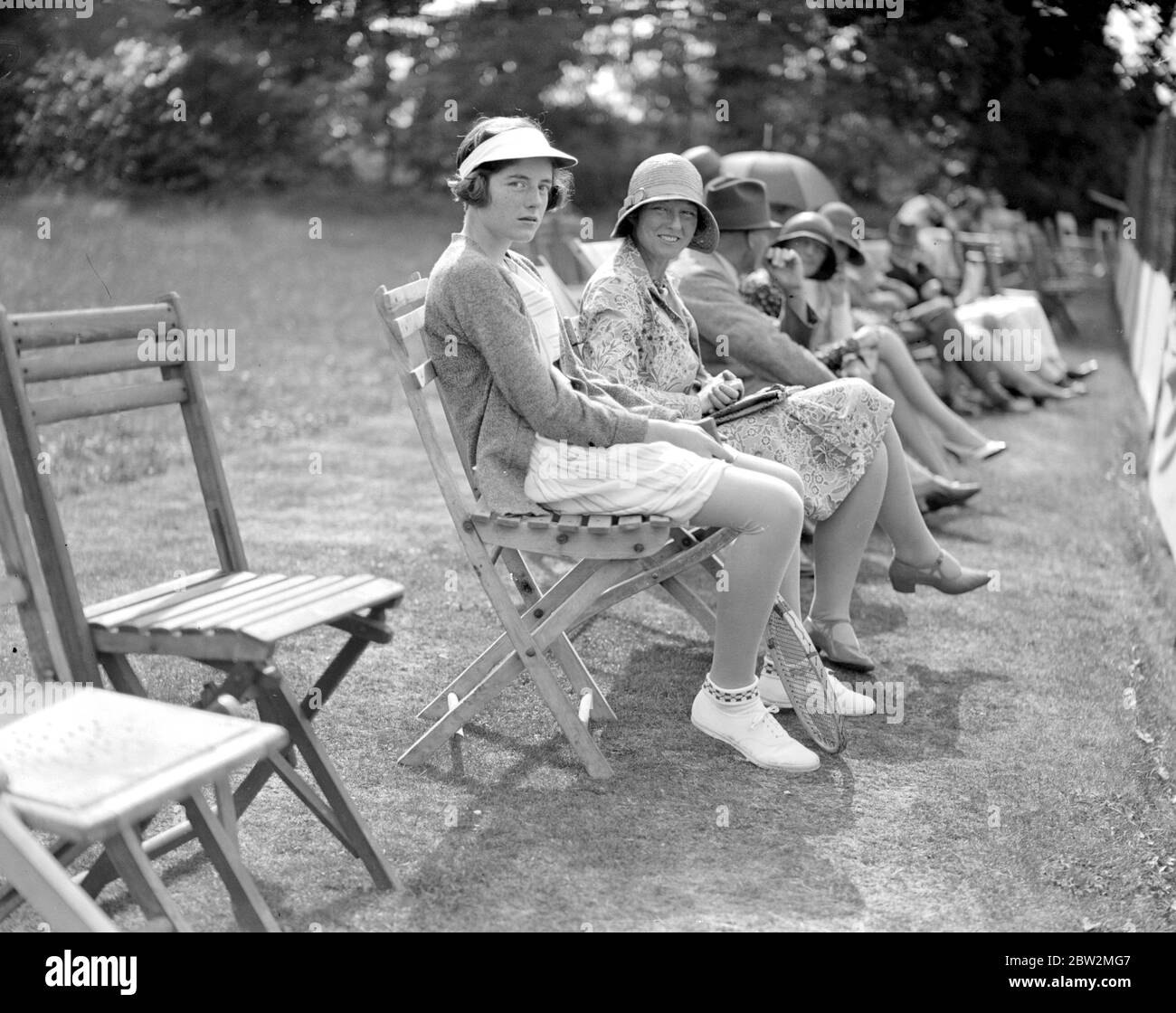 Brockenhurst Junior Tennis Tournament. Miss S. Churchill (Daughter of Mr Winston Churchill), nearest camera, and Mrs Witherby. 1929 Stock Photo
