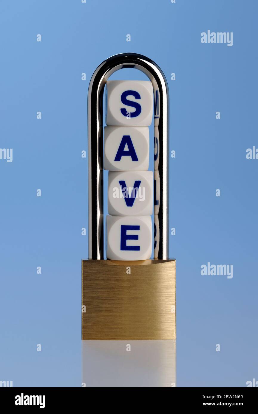 The word save enclosed within a brass padlock Stock Photo