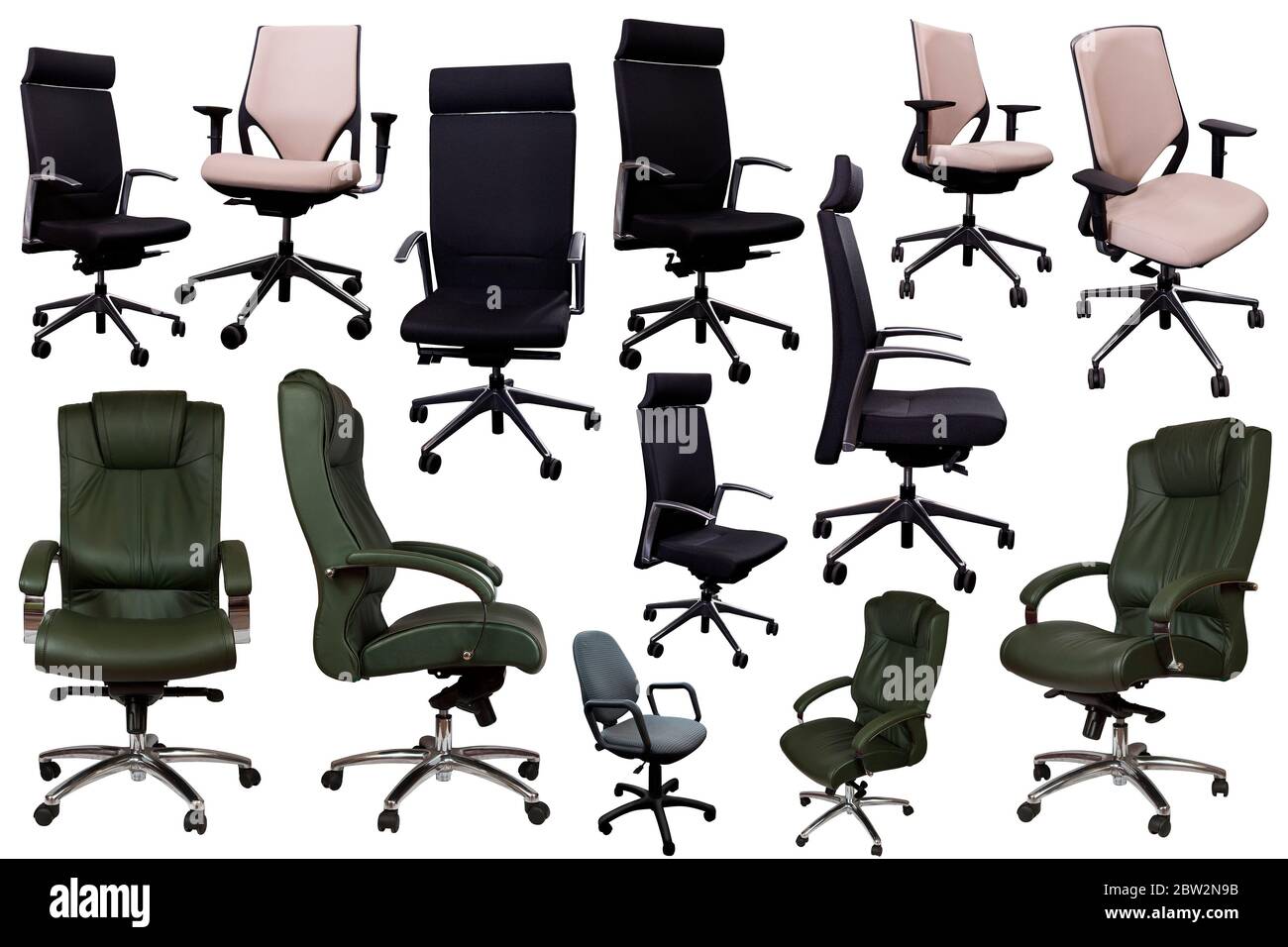 Collection of different ergonomic office chairs isolated on white ...