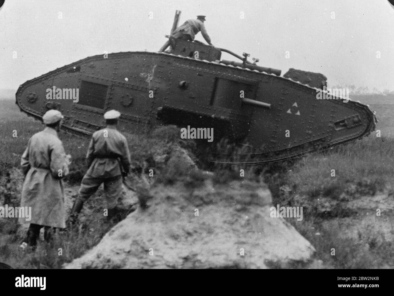 Red Army Camps Tank taking the trench . 1932 Stock Photo