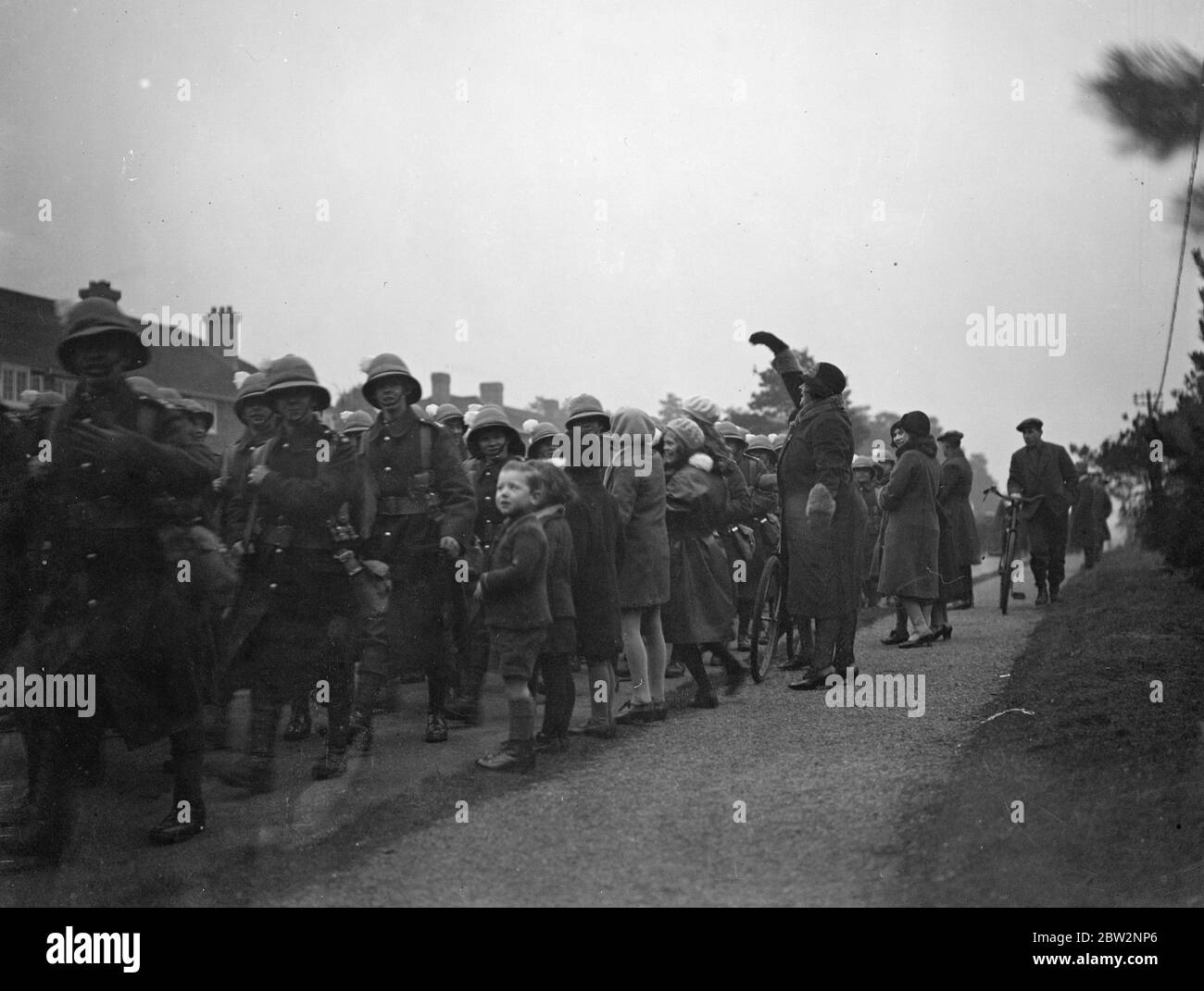 Scots fusiliers ' Prince of Wales regiment leave for Palestine . The 1st Battalion the Royal Scots Fusiliers , of which the Prince of Wales is Colonel , left Bordon Camp near Aldershot , for Palestine . The regiment marching to the station to entrain , watched by friends and children .. 23 February 1932 30s, 30's, 1930s, 1930's, thirties, nineteen thirties Stock Photo