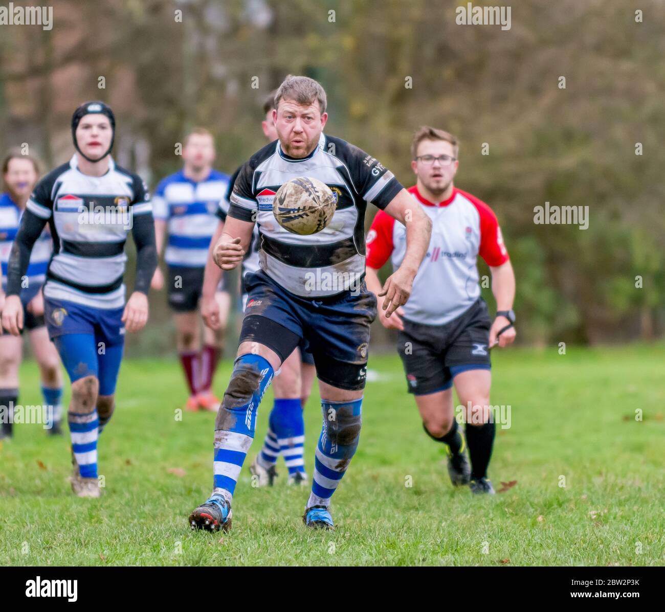 Senior rugby player looks at the ball floating in the air in front of him. Eastern Counties rugby union match at Lowestoft Stock Photo