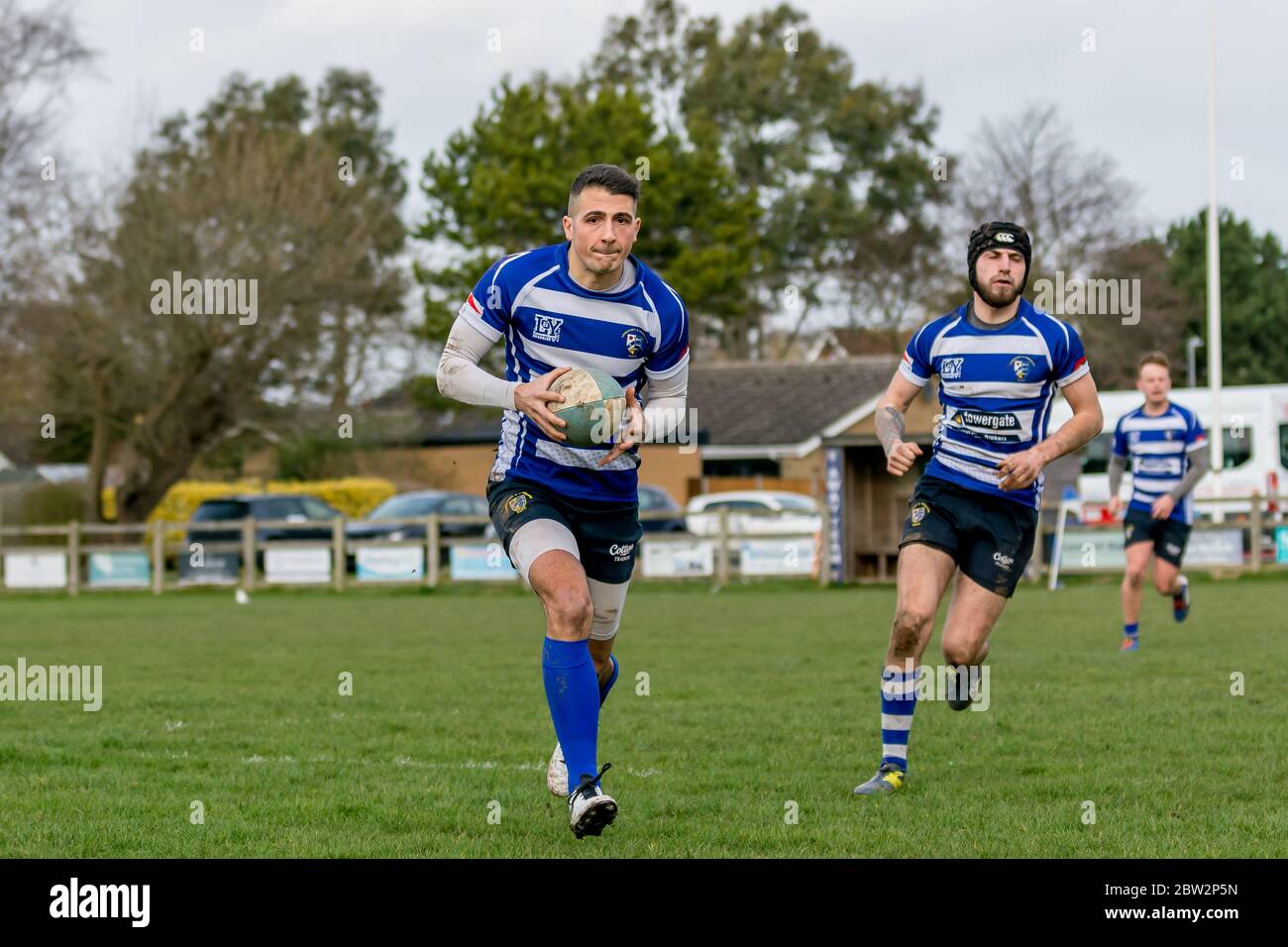 Rugby player runs towards the camera with the ball in two hands with teammate running to the side. Eastern Counties rugby union match at Lowestoft Stock Photo