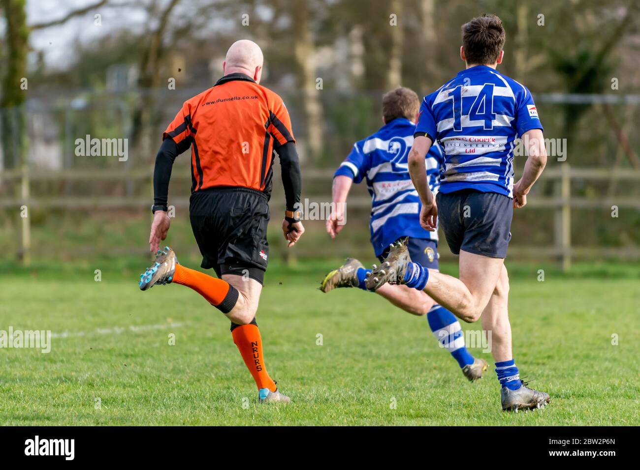 Two players and the referee run away from camera, with leg shape synchronised. Eastern Counties rugby union match at Lowestoft Stock Photo