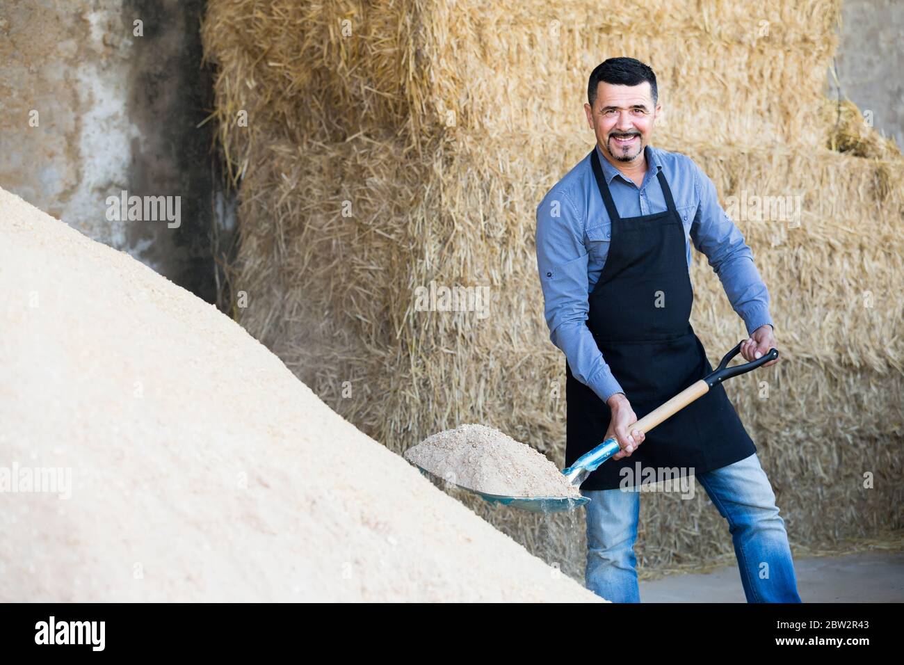 cheerful smiling mature farm worker holding big shovel on farm indoors Stock Photo