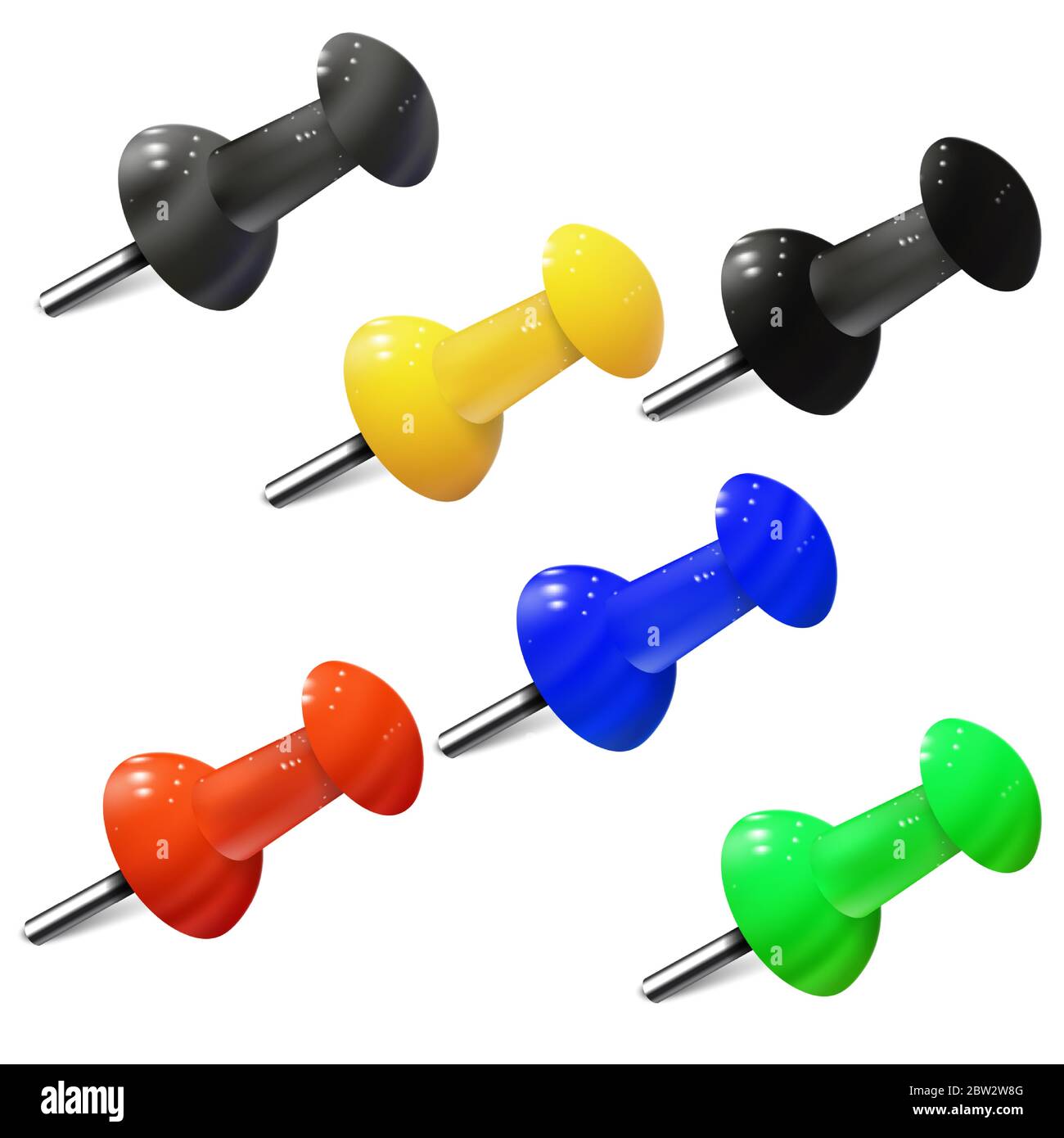 Set of realistic push pins in different colors. Thumbtacks Stock Vector