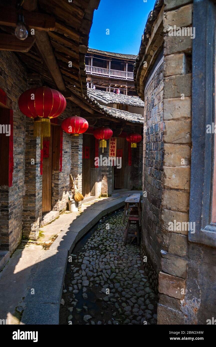 The concentric circles of the Chengqi Lou building in the Gaobei cluster of tulou earth buildings in Yongding County, Fujian Stock Photo