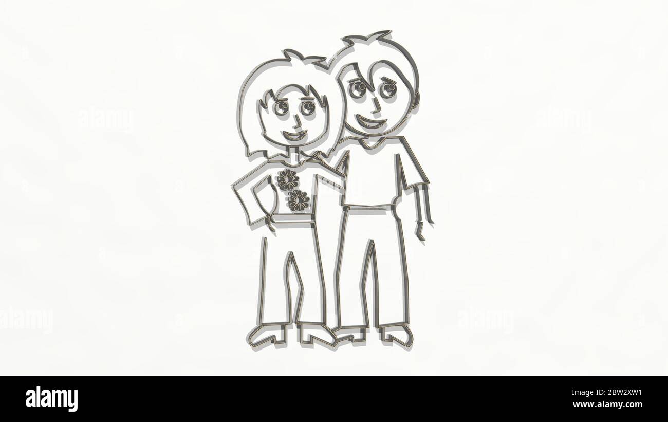BOY AND GIRL made by 3D illustration of a shiny metallic sculpture on a ...