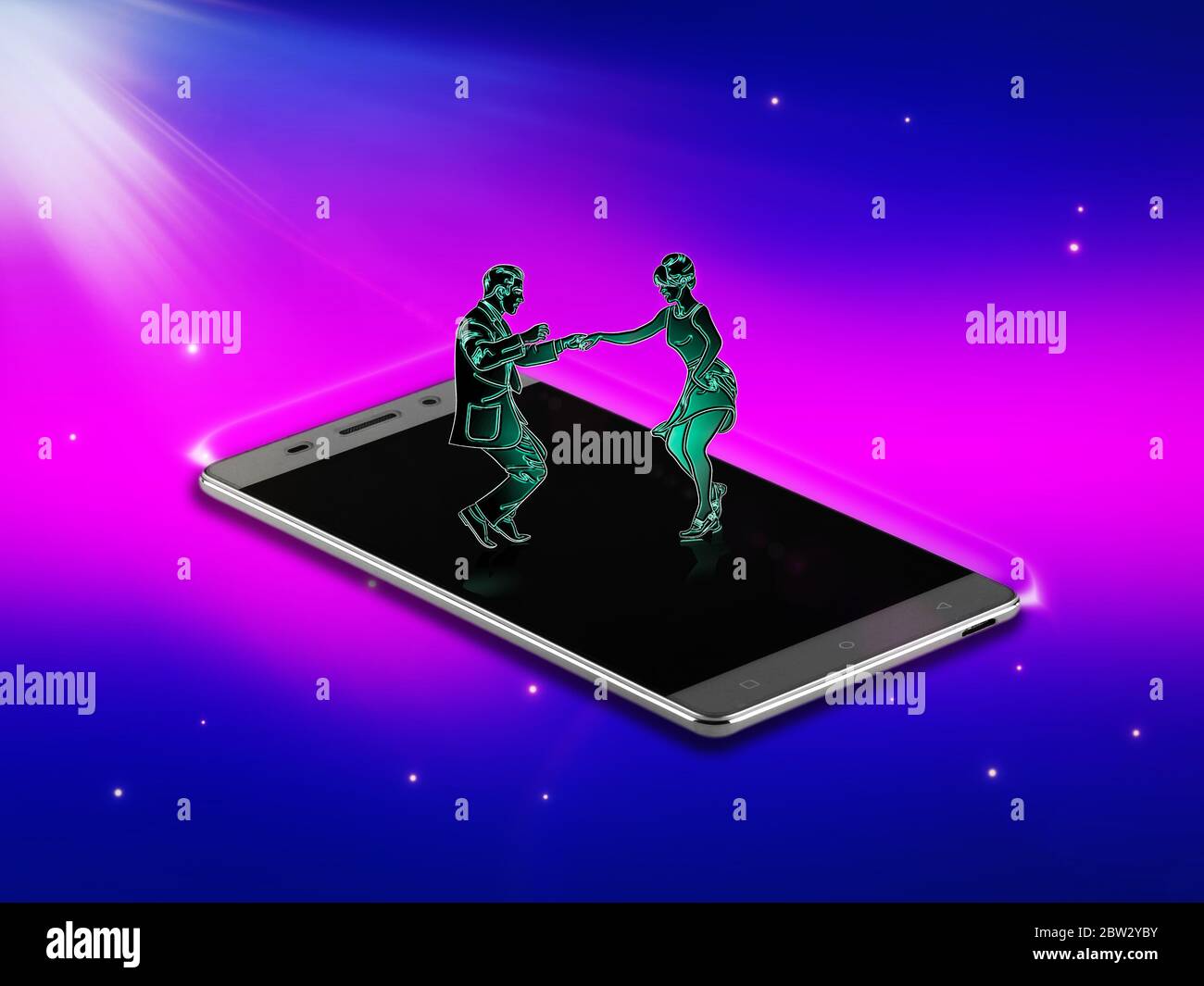Silhouette dancing on smart phone screen, disco lights Stock Photo