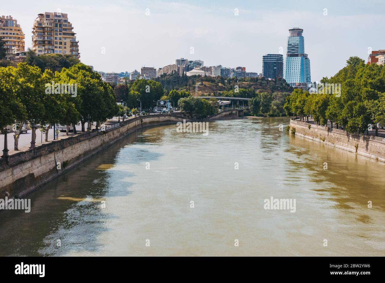 Looking down the Mtkvari River in Tbilisi, the capital city of Georgia Stock Photo
