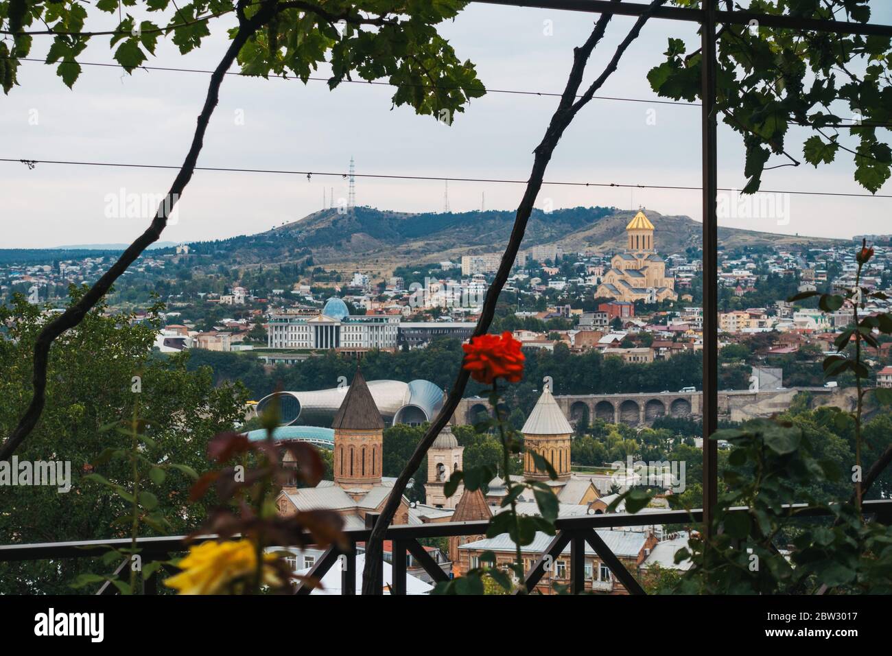 Looking out over the city of Tbilisi, Georgia from the Botanical Garden on the hilltop Stock Photo