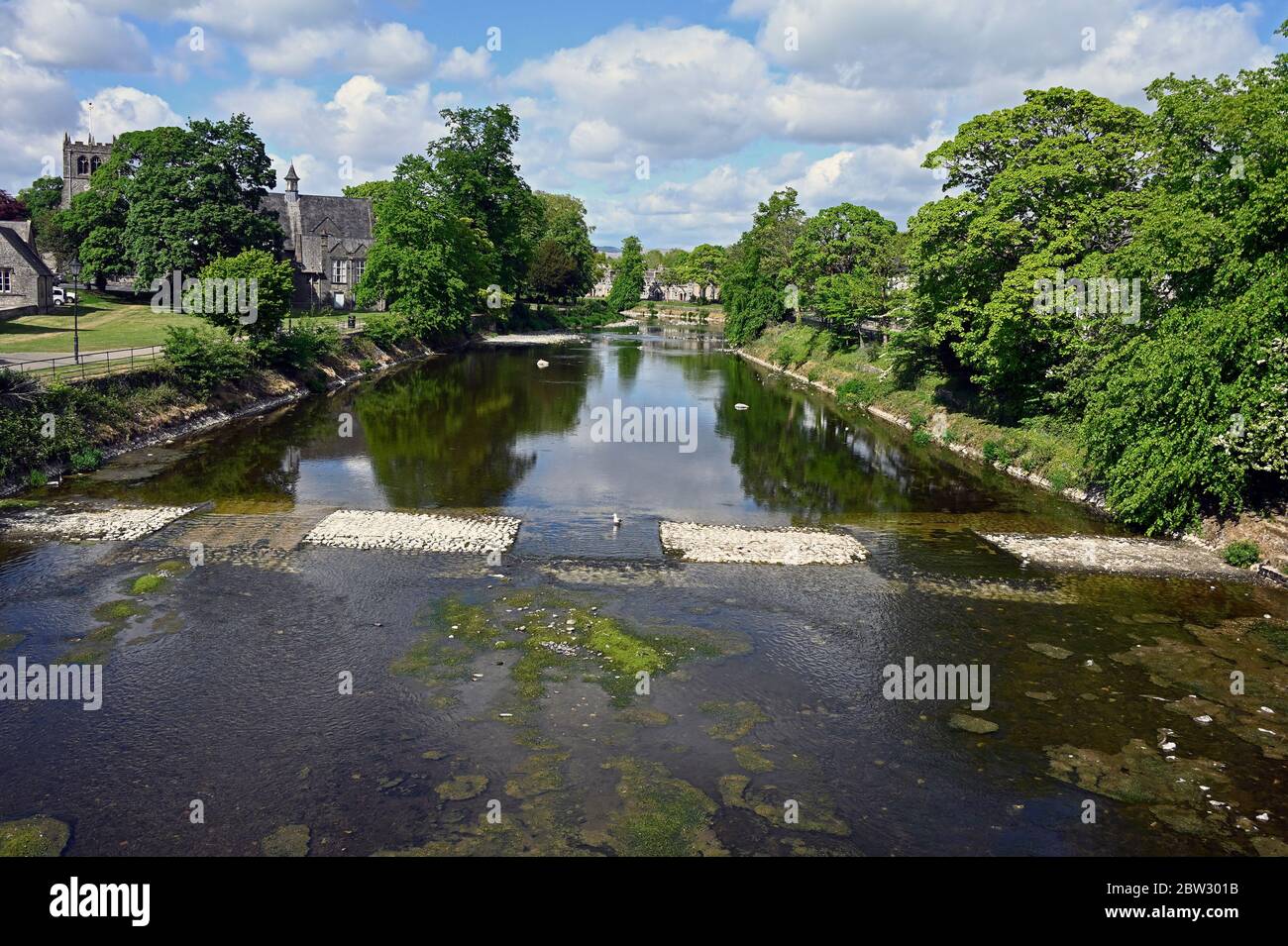 Low water level in the River Kent exposing old ford crossing. Kendal, Cumbria, England, United Kingdom, Europe. Stock Photo