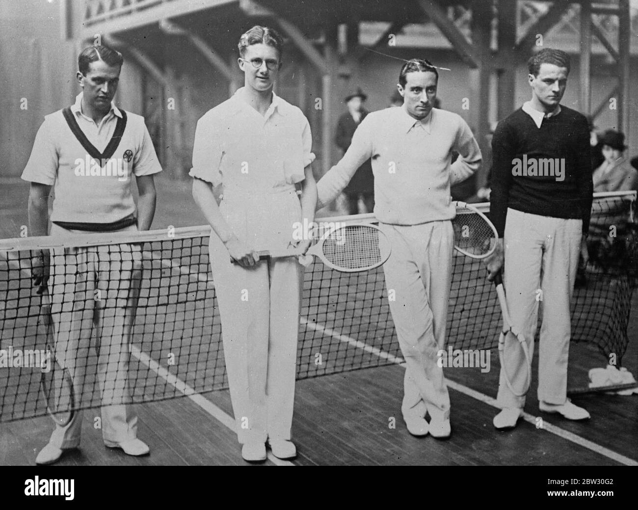 Paris London tennis matches open in Paris . Left to right H N Lee and H K Lester , of England , P Peret and P Golschmidt of France , just before the start of their game at the Tennis club in Paris in the Paris versus London inter city tournaments . 19 March 1932 . Stock Photo