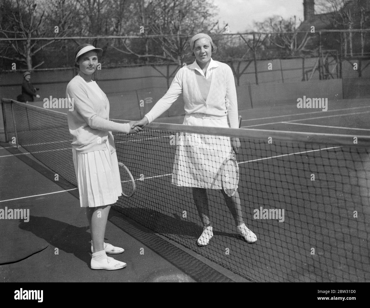 Miss Kathleen stammers wins West side tennis tournament at Ealing . Miss Kathleen Stammers , the eighteen year old tennis girl who has come to the forefront of English tennis this year , with her recent victories over older players , won the West Side Country Club tennis tournament at Ealing , London defeating Miss F K Scott 6-1 , 6-3 . Miss Kathleen Stammers ( with eyeshade ) and Miss F K Scott shaking hands after the match . 23 April 1932 . Stock Photo