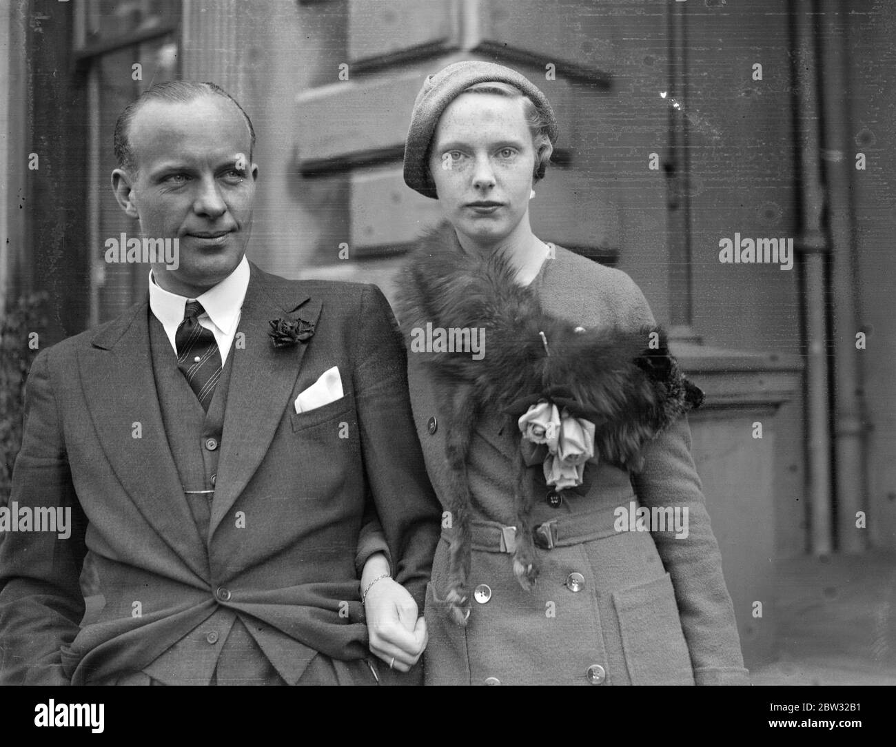 Colonel Leonard Ropner M C , MP engaged . The engagement is announced between Colonel Leonard Ropner M C , MP for the Barkston Asg Division of West Riding , Yorkshire , to Miss Esme Bruce Robertson , daughter of Mr and Mrs Bruce Robertsoin of Kensington . Colonell Leonard Ropner M C , MP , with his fiancee . 10 May 1932 Stock Photo